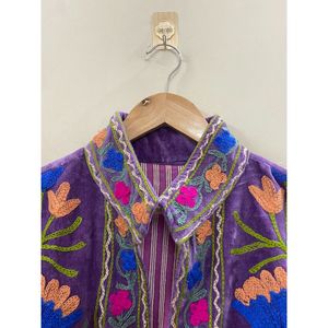 Purple <b>Velvet</b> Embroidered Jacket <b>Women</b> Mandarin Collar Full Sleeve Floral Hand Embroidery Bohemian Style Spring <b>Coat</b> - Product Image 4