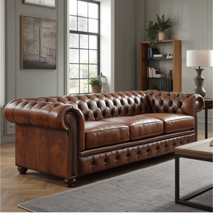 Sofá Chesterfield de Cuero Marrón de 3 Plazas, Proveedor de Fábrica, Sofá Clásico Acolchado para Sala de Estar, Proyecto Hotelero, Venta al Por Mayor - Product Image 1