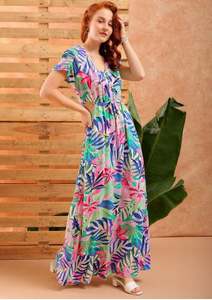 Vestido Elegante de Moda al por Mayor para Mujer, Manga Corta, Cuello en V, Estampado Floral Personalizado, Vestidos Maxi con Volantes, el Mejor Diseño - Product Image 4