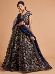 Navy Blue Thread Embroidered Net A-Line <b>Lehenga</b> Choli Semi-Stitched Polyester/Cotton Party Wedding Outfit with Dupatta - Product Image 1