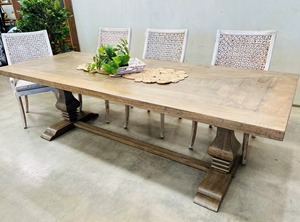 Table à manger ronde en teck sculpté de haute qualité, moderne, luxueuse, royale, écologique, durable, 6 places, avec 4 chaises en fer, ensemble pour restaurant - Product Image 6