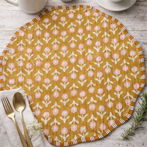New Yellow Floral Print Cotton Quilted Thin Reversible Modern Customizable Machine Washable Multi-Shaped <b>Placemats</b> - Product Image 1
