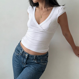 Camisetas de Cuello en V para Mujer, Manga Corta, Corte Regular, Tops Casuales de Color Sólido, Tejido Elástico, Transpirable, de Poliéster, Secado Rápido para Verano - Product Image 3