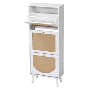 Zapatero blanco de 3 niveles con frente de ratán 54*24*135 cm Aglomerado 54*24*135 cm Blanco - Product Image 2