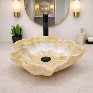 Vasque sculptée à la main en onyx naturel en forme de fleur, lavabo de luxe en marbre pour salle de bain - Product Image 2