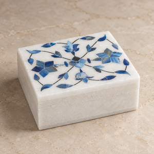 Boîtes à bijoux rectangulaires modernes en marbre gravé avec incrustations florales Stonecrafts International pour le rangement de bijoux - Product Image 1