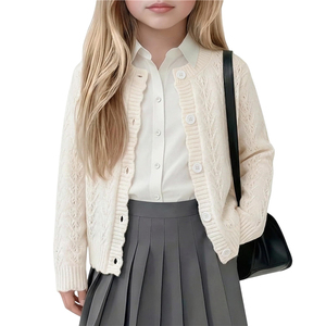Cardigan en tricot beige, uniforme scolaire, pull à manches longues et col rond, pull ajouré à boutons pour filles - Product Image 5