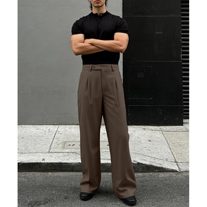 <b>Men's</b> <b>Brown</b> Wide Leg Pleated Trousers High Waist Casual Anti-Wrinkle Polyester Pants Autumn Style - Product Image 4