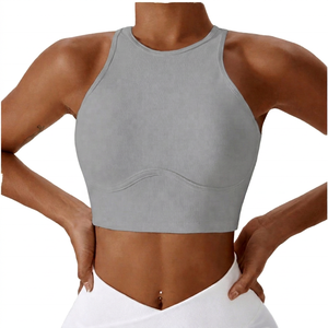Soutien-gorge de sport côtelé respirant pour femme, col ras du cou, dos nageur, maintien élevé, pour yoga et fitness, blanc uni avec logo frontal - Product Image 5