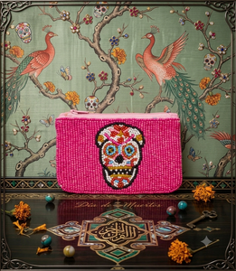 Beaded Mini Coin <b>Purse</b> <b>Pink</b> Sugar Skull Zipper Closure Handmade Bohemian Style Unisex - Product Image 1
