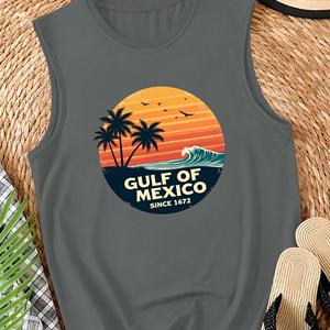 Camiseta sin Mangas de Punto Casual para Mujer con Logo Frontal, Diseño Retro del Golfo de México al Atardecer - Product Image 3