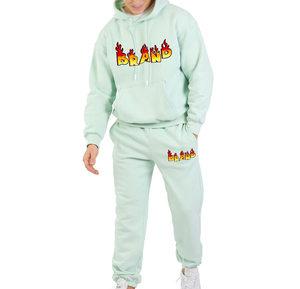Mens Light Green Hoodie And Sweatpants <b>Set</b> With Flame Brand Print Casual Autumn Wear - Product Image 3