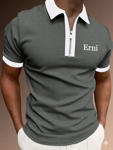 Polo à col zippé noir pour homme, avec bordure blanche contrastante, manches courtes, décontracté, pour le golf, logo personnalisé - Product Image 3