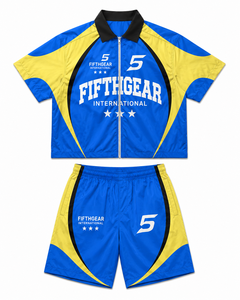 Ensemble de survêtement bleu et jaune, veste coupe-vent zippée et short à taille élastique, vêtements de sport, vêtements d'équipe, coupe-vent, OEM, faible MOQ, 10 pièces - Product Image 5