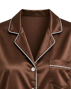 Conjunto de pijama de satén marrón chocolate personalizado para mujer, ropa de dormir de seda de lujo, traje de noche con botones, ropa de descanso suave de manga corta - Product Image 6