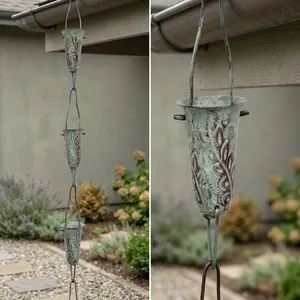 Chaîne de pluie en acier galvanisé style simple, décoration de jardin extérieur, décoration suspendue pour le flux d'eau, motif feuille patine verte - Product Image 6