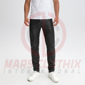 Pantalon de jogging en cuir léger pour homme, coupe ajustée droite, design personnalisé, fermeture boutonnée sur le devant, couleur unie - Product Image 6