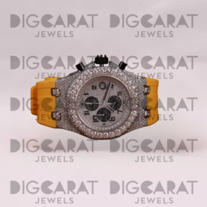 Reloj de Lujo con Diseño Redondo, Diamantes Moissanite, Resistente al Agua, Cuarzo, Unisex, Correa Amarilla, para Venta al Por Mayor y Exportación - Product Image 1
