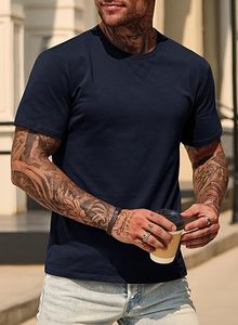 T-shirt en coton bleu marine à manches courtes et col rond pour homme, coupe classique, couleur unie, tricot jersey, teint uni - Product Image 3