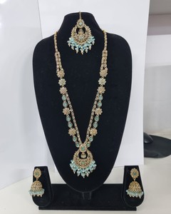 Delicate Floral Antique Gold Plated Kundan Rani Haar <b>Set</b> Long Necklace <b>Beads</b> Traditional Jhumkas 3 Wedding Engagement Party - Product Image 3