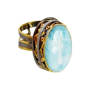 Anillo Religioso con Piedra Larimar, Chapado en Oro de 22K, Plata de Ley 925 Sólida, Engaste en Bisel, Joyería Fina Unisex - Product Image 1