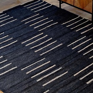 Black Handwoven Jute Area Rug Modern Geometric White <b>Striped</b> Carpet Minimalist Living Room Bedroom Handmade Floor Decor Rug - Product Image 4