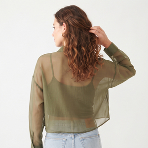 Sexy Crop <b>Sheer</b> Mesh Shirt With Collar Long Sleeve See Through <b>Blouse</b> Top Button Down 100% Polyester Sexy Transparent Shirts - Product Image 5