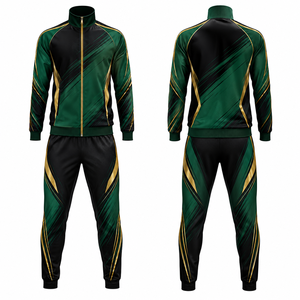 Ensemble de survêtement sportif pour homme vert, noir et or à motif géométrique, avec fermeture éclair intégrale, séchage rapide, en polyester, pour l'automne, avec poches latérales - Product Image 1
