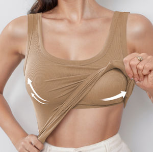 Débardeur côtelé grande taille pour femme, col en U, avec soutien-gorge intégré, sans manches, bretelles larges, coupe courte, tricoté uni à trous, long, pour l'été et le sport - Product Image 5