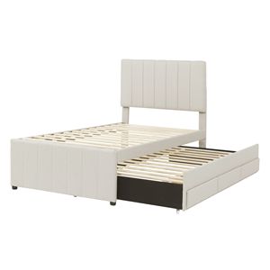 Letto a piattaforma imbottito in tessuto di lino beige, misura twin, con letto estraibile e 3 cassetti - Product Image 4