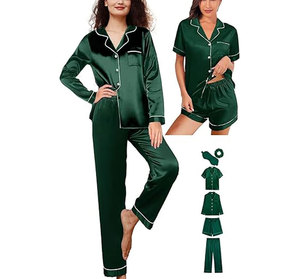 Conjunto de Pijama de Satén para Mujer, Manga Larga, Verde Sólido, Elegante, con Botones, Cuello Camisero, Cintura Media - Product Image 1