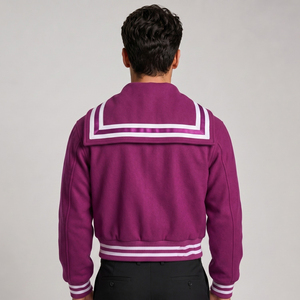 Men's <b>Purple</b> <b>Varsity</b> <b>Jacket</b> With Sailor Collar And White Stripes Preppy Style Regular Fit Autumn Wear - Product Image 3