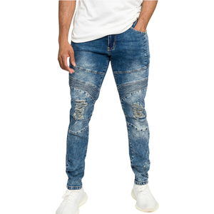 Pantalons en denim stretch déchirés à panneaux côtelés de style moto pour hommes, look motard tendance, streetwear décontracté, vente en gros OEM ODM - Product Image 2