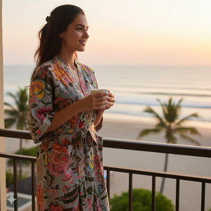 Bata Kimono de Algodón Gris con Estampado Floral, Cuello en V, Ropa de Dormir con Bolsillo con Cordón, Manga Larga, Ropa de Estar por Casa para Mujer, Artisan Maria Garments - Product Image 4