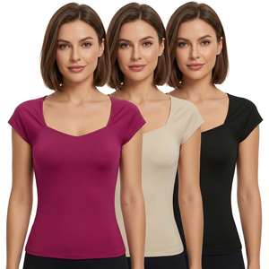Women's Slim Fit Casual <b>Square</b> Neck Cap Sleeve <b>T</b>-Shirt Solid Color Breathable Stretch Knitted O-Neck Collar Quick Dry Summer - Product Image 5