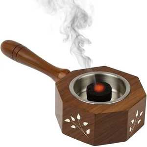 Grey Chalice <b>Bakhoor</b> Burner Traditional Arabic <b>Oud</b> Incense Holder Handcrafted Mabkhara with White Leaf Pattern for Meditation - Product Image 4