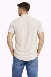 Camisa de Manga Corta Texturizada Beige para Hombre, con Botones, Cuello Clásico, Informal, para Verano, con Puños Enrollados, Ligera y Transpirable - Product Image 3