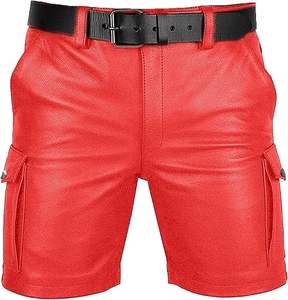 Quality Clothes Men's Custom Solid Casual Style Zipper Fly Soft <b>Knee</b>-Length Leather Shorts with <b>Patch</b> - Product Image 1