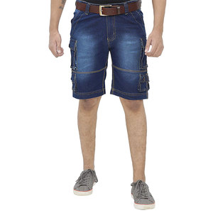 Pantalones Cortos Cargo Azules para Hombre, Cintura Media, Cierre de Botones, Estilo Bermuda Informal con Bolsillos, Tela de Lona 100% Algodón - Product Image 1