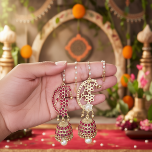Pendientes Jhumki Tradicionales de Latón Chapado en Oro con Piedra de Ojo de Tigre y Perla, Estilo Candelabro Clásico Religioso Vintage - 10575571DP - Product Image 3