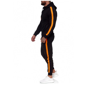 Survêtement noir pour homme, manches longues, capuche, fermeture éclair, poches latérales, coupe ajustée, style sportif automne, 100% polyester, design rayé - Product Image 3