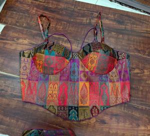 Purple Woven Breathable Brocade Patchwork Short <b>Saree</b> <b>Blouse</b> with Corset Back Tie-Up for Spring/Summer & Winter Weddings - Product Image 1