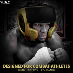 Casque de boxe en cuir synthétique texturé or et noir personnalisé pour l'entraînement de Muay Thai, protection pour le kickboxing et le sparring - Product Image 5