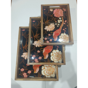 Ensemble de plateaux de service en bois de manguier faits à la main, art émaillé botanique doré, plateaux décoratifs en bois avec poignées, décoration de luxe pour la maison - Product Image 3