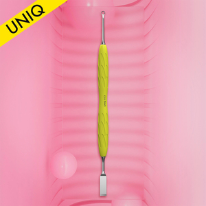 Pousse-cuticules UNIQ-11 TYPE 1 (plat et bouclé) STALEKS, avec poignée en silicone jaune, pour manucure et dépose de vernis gel - Product Image 1