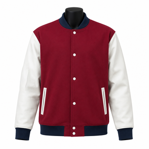 Chaqueta Universitaria Personalizada de Lana y Cuero, Color Borgoña y Blanco, Chaqueta de Béisbol, Fabricante OEM - Product Image 1