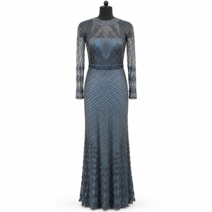 Sofisticado Vestido de Noche Gris Carbón con Cuello Redondo Alto |   Vestido Formal Largo Ajustado con Mangas Largas Transparentes y Adornos Metálicos - Product Image 1