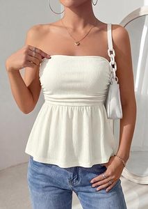 Haut court sans bretelles blanc en tricot pour femme, à volants, décontracté, printemps-été, motif écossais, en polyester respirant, longueur courte - Product Image 3