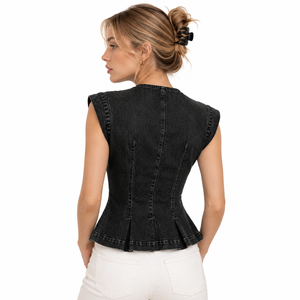 Chaleco vaquero negro desgastado Signature con botones, camisa de mujer con cuello en V, top corto ajustado sin mangas con peplum personalizado, blusa informal de mezclilla. - Product Image 2