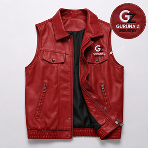 Gilet de moto sans manches en cuir rouge pour homme GURUNA Z INDUSTRY, logo brodé sur le dos, patchwork, coupe-vent, veste d'automne 220g - Product Image 1